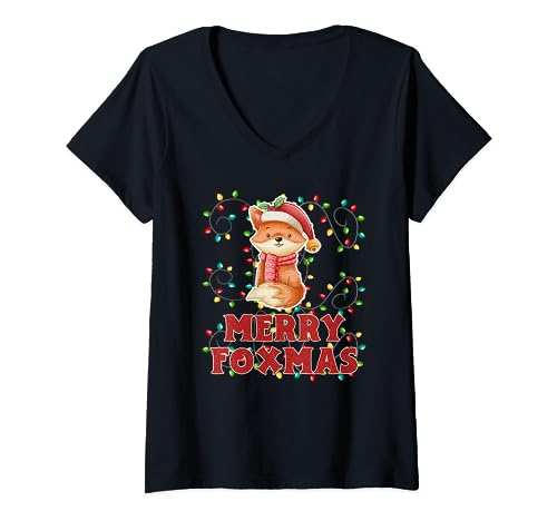 Cute Christmas Animal Co. Damen Weihnachten T-Shirt Schwarz V-Ausschnitt Kurzarm S EU 33 inches Merry Foxmas Fuchs Design von Cute Christmas Animal Co.