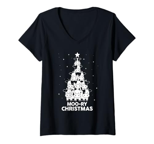 Damen Moo-Ry Christmas Funny Cow Weihnachtsbaum Xmas Farm T-Shirt mit V-Ausschnitt Damen Moo-Ry Christmas Funny Cow Weihnachtsbaum Xmas Farm T-Shirt mit V-Ausschnitt von Cute Christmas Cow Farming XMAS design for Farmers