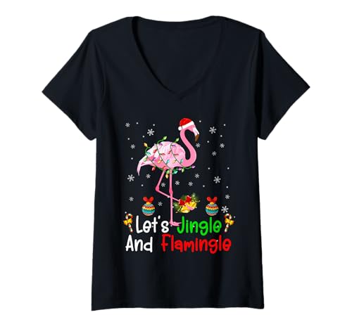 Damen Let's Jingle And Flamingo Weihnachtsbeleuchtung Santa Flamingo T-Shirt mit V-Ausschnitt von Cute Christmas Light Santa Flamingo Lover