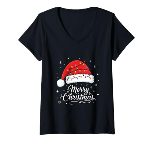 Damen Frohe Weihnachten Lichter Rot Weihnachtsmannmütze Xmas Familie Männer Frauen T-Shirt mit V-Ausschnitt von Cute Christmas Shirts Kids Women Men
