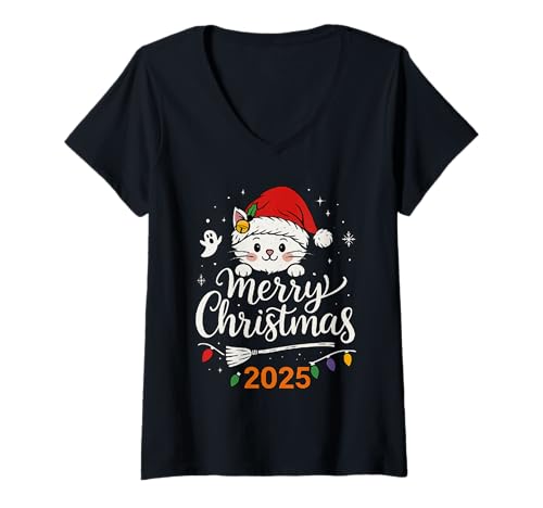 Damen Frohe Weihnachten Lichter Rot Weihnachtsmannmütze Xmas Familie Männer Frauen T-Shirt mit V-Ausschnitt Damen Frohe Weihnachten Lichter Rot Weihnachtsmannmütze Xmas Familie Männer Frauen T-Shirt mit V-Ausschnitt von Cute Christmas Shirts Kids Women Men