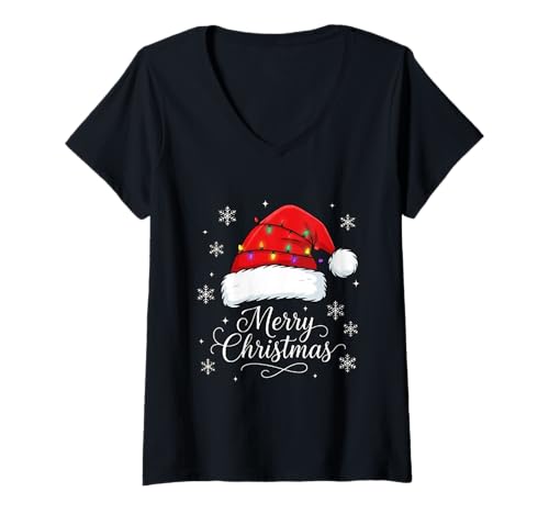Damen Frohe Weihnachten Lichter Rot Weihnachtsmannmütze Xmas Familie Männer Frauen T-Shirt mit V-Ausschnitt von Cute Christmas Shirts Kids Women Men