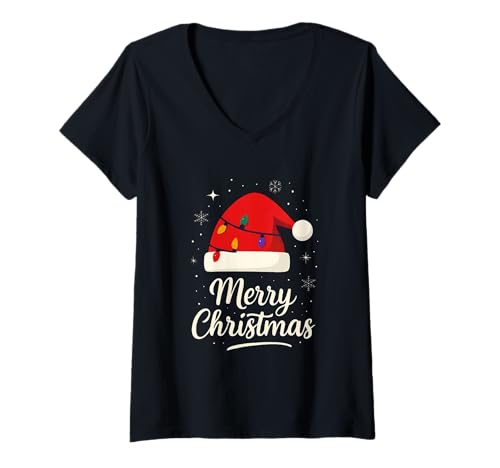 Damen Frohe Weihnachten Lichter Rot Weihnachtsmannmütze Xmas Familie Männer Frauen T-Shirt mit V-Ausschnitt von Cute Christmas Shirts Kids Women Men