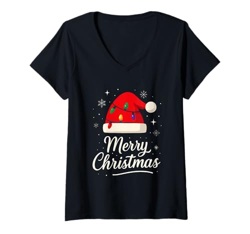 Damen Frohe Weihnachten Lichter Rot Weihnachtsmannmütze Xmas Familie Männer Frauen T-Shirt mit V-Ausschnitt Damen Frohe Weihnachten Lichter Rot Weihnachtsmannmütze Xmas Familie Männer Frauen T-Shirt mit V-Ausschnitt von Cute Christmas Shirts Kids Women Men