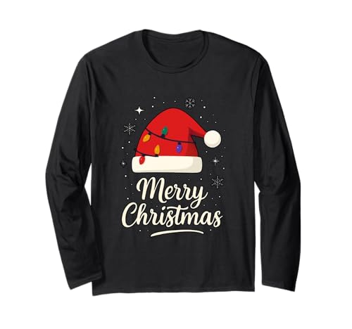 Frohe Weihnachten Lichter Rot Weihnachtsmannmütze Xmas Familie Männer Frauen Langarmshirt von Cute Christmas Shirts Kids Women Men