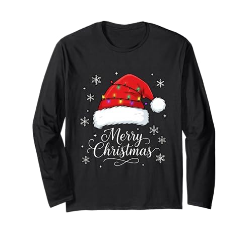 Frohe Weihnachten Lichter Rot Weihnachtsmannmütze Xmas Familie Männer Frauen Langarmshirt von Cute Christmas Shirts Kids Women Men