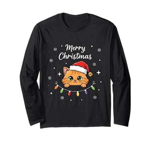 Frohe Weihnachten Lichter Rot Weihnachtsmannmütze Xmas Familie Männer Frauen Langarmshirt von Cute Christmas Shirts Kids Women Men