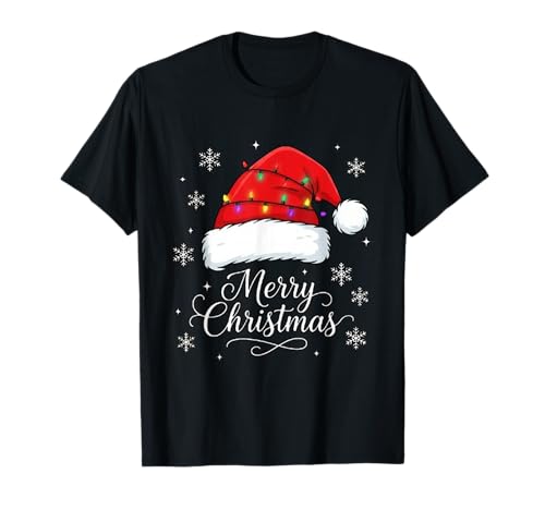 Frohe Weihnachten Lichter Rot Weihnachtsmannmütze Xmas Familie Männer Frauen T-Shirt von Cute Christmas Shirts Kids Women Men