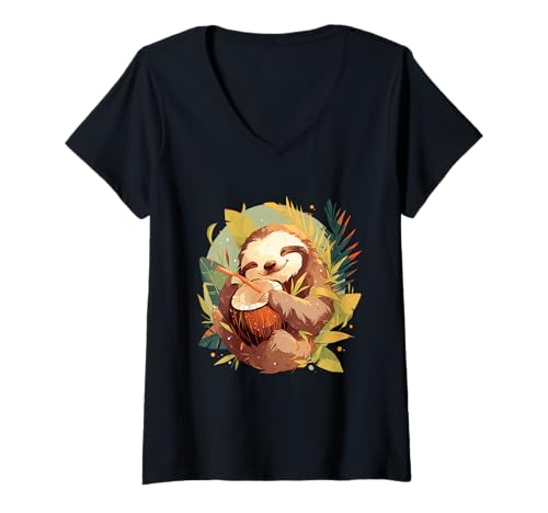 Damen Kokosnuss Faultier Bunt Tier Kunst Wildlife Faultier Liebhaber T-Shirt mit V-Ausschnitt von Cute Coconut Animals