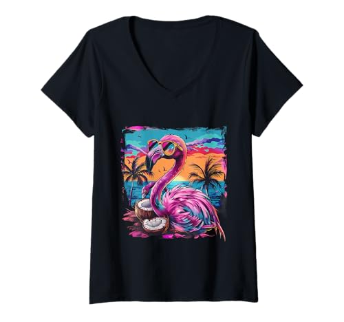 Damen Kokosnuss-Flamingo, buntes Kunstwerk, Strand-Flamingo-Liebhaber T-Shirt mit V-Ausschnitt von Cute Coconut Animals