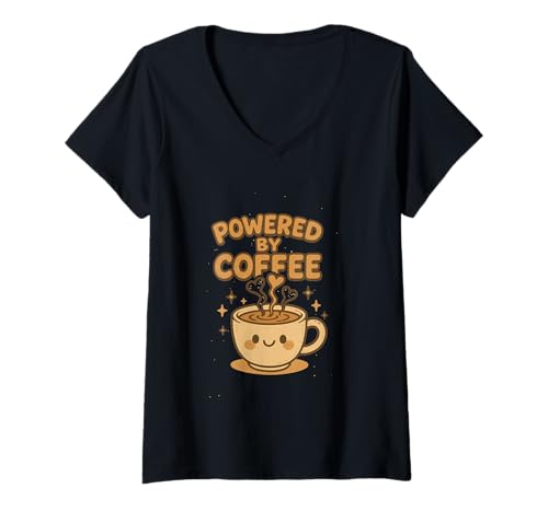 Damen Powered by Coffee Kawaii Tasse für Kaffeeliebhaber T-Shirt mit V-Ausschnitt Damen Powered by Coffee Kawaii Tasse für Kaffeeliebhaber T-Shirt mit V-Ausschnitt von Cute Coffee Vibes