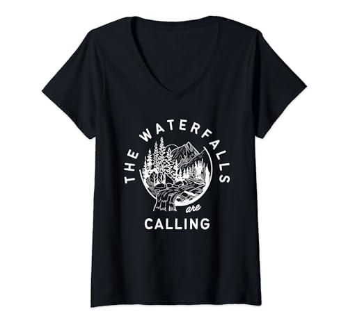 Damen Die Wasserfälle rufen zum Wandern, Bergbrunnen, Natur T-Shirt mit V-Ausschnitt von Cute Colorful Art Patterns Designs