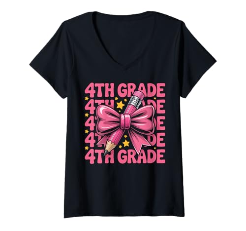 Damen Erster Tag der 4. Klasse Coquette Bow Zurück zur Schule T-Shirt mit V-Ausschnitt Damen Erster Tag der 4. Klasse Coquette Bow Zurück zur Schule T-Shirt mit V-Ausschnitt von Cute Coquette Bow Fourth Grade Back to School Girl