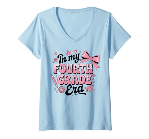 Damen In meiner vierten Klasse verbeugen Sich die Mädchen Wieder zur Schule T-Shirt mit V-Ausschnitt Damen In meiner vierten Klasse verbeugen Sich die Mädchen Wieder zur Schule T-Shirt mit V-Ausschnitt von Cute Coquette Bow Fourth Grade Back to School