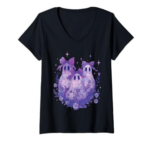 Damen Süße kokette Geister Boho Pastell Hexe Halloween Mädchen T-Shirt mit V-Ausschnitt von Cute Coquette Ghost Witchy Boho Pastel Goth Girls
