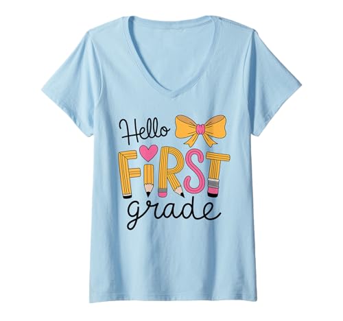 Damen Hallo Coquette Bow Lehrerin der ersten Klasse, zurück zur Schule T-Shirt mit V-Ausschnitt Damen Hallo Coquette Bow Lehrerin der ersten Klasse, zurück zur Schule T-Shirt mit V-Ausschnitt von Cute Coquette Pencil Bow for First Grade Teachers