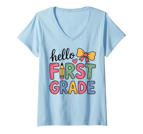 Damen Hallo Coquette Bow Lehrerin der ersten Klasse, zurück zur Schule T-Shirt mit V-Ausschnitt Damen Hallo Coquette Bow Lehrerin der ersten Klasse, zurück zur Schule T-Shirt mit V-Ausschnitt von Cute Coquette Pencil Bow for First Grade Teachers