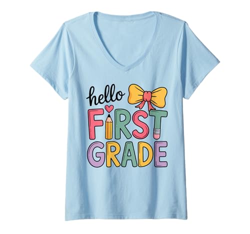 Damen Hallo Coquette Bow Lehrerin der ersten Klasse, zurück zur Schule T-Shirt mit V-Ausschnitt Damen Hallo Coquette Bow Lehrerin der ersten Klasse, zurück zur Schule T-Shirt mit V-Ausschnitt von Cute Coquette Pencil Bow for First Grade Teachers