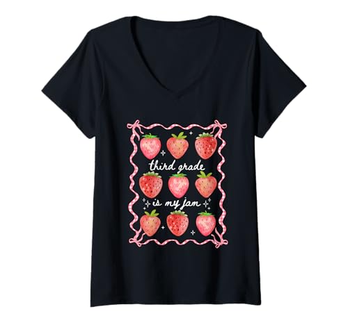 Damen Third Grade is My Jam Strawberry 3rd Grade Teacher Coquette T-Shirt mit V-Ausschnitt von Cute Coquette Strawberry Teacher Back To School NS