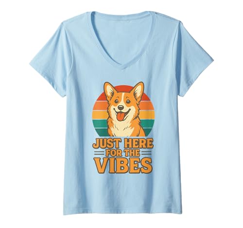 Damen Lustiges Corgi Hunde-Shirt Just Here for The Vibes Retro Sunset T-Shirt mit V-Ausschnitt von Cute Corgi Apparel – Funny Dog Lovers Graphic Tee
