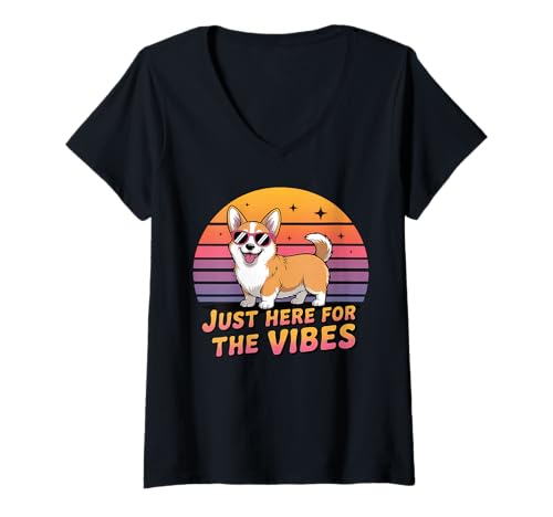 Damen Lustiges Corgi-Shirt Retro Hundeliebhaber Just Here for The Vibes T-Shirt mit V-Ausschnitt Damen Lustiges Corgi-Shirt Retro Hundeliebhaber Just Here for The Vibes T-Shirt mit V-Ausschnitt von Cute Corgi Apparel – Funny Dog Lovers Graphic Tee