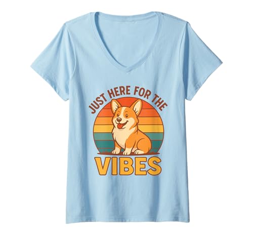 Damen Lustiges Retro-Corgi-Shirt Just Here for The Vibes Hundeliebhaber T-Shirt mit V-Ausschnitt Damen Lustiges Retro-Corgi-Shirt Just Here for The Vibes Hundeliebhaber T-Shirt mit V-Ausschnitt von Cute Corgi Apparel – Funny Dog Lovers Graphic Tee