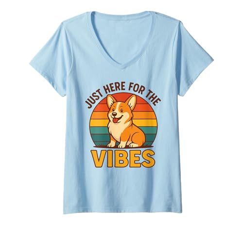 Damen Lustiges Retro-Corgi-Shirt Just Here for The Vibes Hundeliebhaber T-Shirt mit V-Ausschnitt Damen Lustiges Retro-Corgi-Shirt Just Here for The Vibes Hundeliebhaber T-Shirt mit V-Ausschnitt von Cute Corgi Apparel – Funny Dog Lovers Graphic Tee