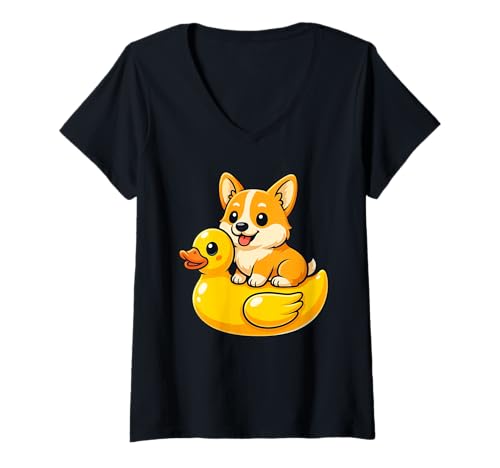 Damen Cute Corgi Dog Rubber Duck T-Shirt mit V-Ausschnitt Damen Cute Corgi Dog Rubber Duck T-Shirt mit V-Ausschnitt von Cute Corgi Dog Rubber Duck Apparel