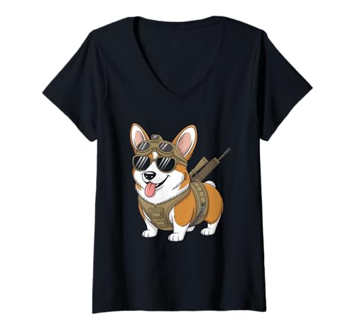 Damen Taktische Corgi Hunderasse Krieger Tier Wortspiel Meme T-Shirt mit V-Ausschnitt Damen Taktische Corgi Hunderasse Krieger Tier Wortspiel Meme T-Shirt mit V-Ausschnitt von Cute Corgi Lover Funny Tactical - DressedForDuty