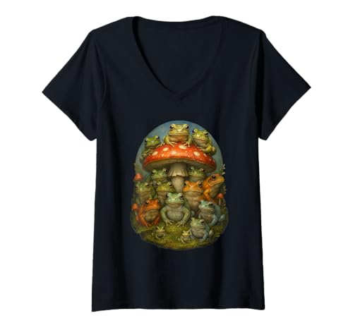 Damen Cottagecore Aesthetic Frog Mushroom T-Shirt mit V-Ausschnitt Damen Cottagecore Aesthetic Frog Mushroom T-Shirt mit V-Ausschnitt von Cute Cottagecore Aesthetic Frogs Mushrooms Apparel