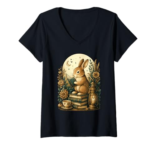 Damen Cute Cottagecore Aesthetic Rabbit Reading Book Nerd T-Shirt mit V-Ausschnitt Damen Cute Cottagecore Aesthetic Rabbit Reading Book Nerd T-Shirt mit V-Ausschnitt von Cute Cottagecore Aesthetic Rabbit Lover Apparel
