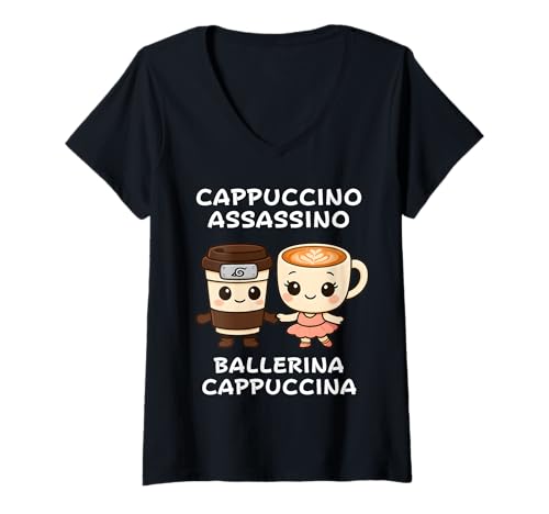 Damen Kawaii Cappuccino Assassino Ballerina Italienisch Brainrot Meme T-Shirt mit V-Ausschnitt Damen Kawaii Cappuccino Assassino Ballerina Italienisch Brainrot Meme T-Shirt mit V-Ausschnitt von Cute Couple Matching Coffee Lover Birthday Gifts