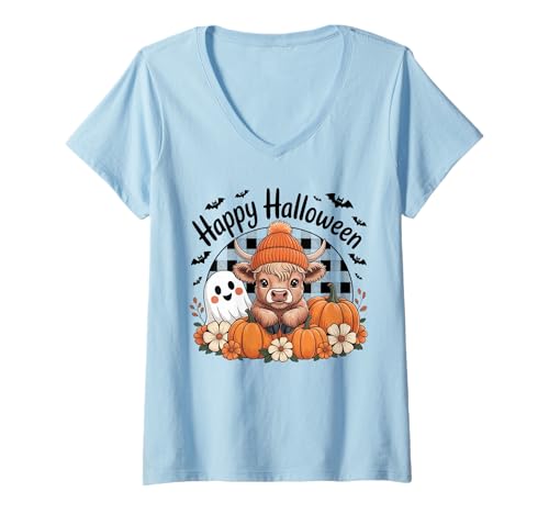 Damen Süße Kuh Halloween mit Kürbissen und gruseligem Geist Halloween T-Shirt mit V-Ausschnitt Damen Süße Kuh Halloween mit Kürbissen und gruseligem Geist Halloween T-Shirt mit V-Ausschnitt von Cute Cow Halloween with Pumpkins Costume Gifts