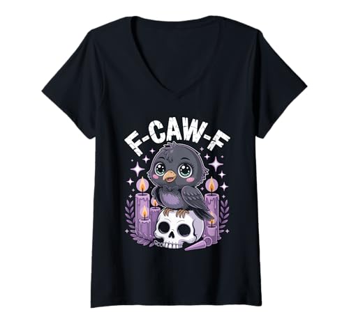 Damen Kawaii F-CAW-F Pastell Goth Cute Creepy Crow Men Women T-Shirt mit V-Ausschnitt von Cute Crow Skull Candles Gothic Vibes Merchandise