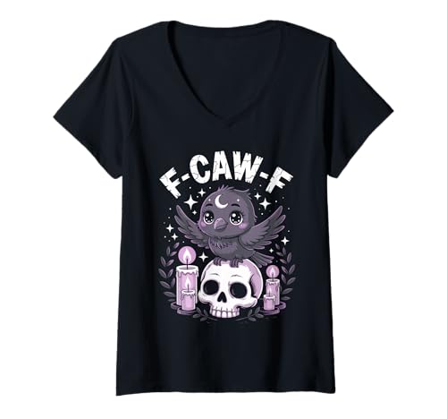 Damen Kawaii Krähe auf Totenkopf Kerzen Funny F-CAW-F Goth Anime Design T-Shirt mit V-Ausschnitt von Cute Crow Skull and Candle Vibes for Horror Fun