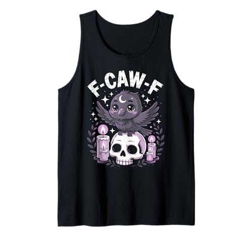 Kawaii Krähe auf Totenkopf Kerzen Funny F-CAW-F Goth Anime Design Tank Top von Cute Crow Skull and Candle Vibes for Horror Fun