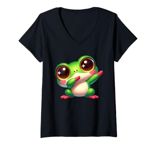 Damen Niedlicher Frosch, Cartoon, lustiges Kawaii-Tier T-Shirt mit V-Ausschnitt von Cute Dabbing Frog Kawaii Cartoon Animal