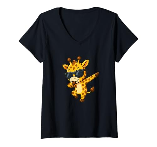 Damen Niedliches Dabbing Giraffe Cartoon Lustiges Tier T-Shirt mit V-Ausschnitt von Cute Dabbing Giraffe Funny Animal Dance Cartoon