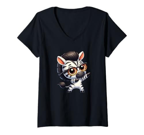 Damen Niedliches Dabbing Zebra Cartoon Lustiges Tier mit Brille T-Shirt mit V-Ausschnitt von Cute Dabbing Zebra Funny Animal Dance Cartoon