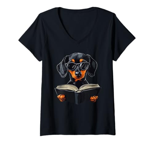 Damen Cute Dog Dachshund Reading Book T-Shirt mit V-Ausschnitt von Cute Dachshund Dog Lover Apparel