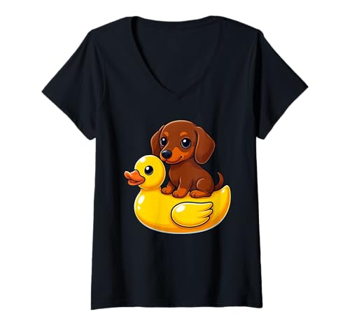 Damen Cute Dachshund Dog Rubber Duck T-Shirt mit V-Ausschnitt Damen Cute Dachshund Dog Rubber Duck T-Shirt mit V-Ausschnitt von Cute Dachshund Dog Rubber Duck Apparel