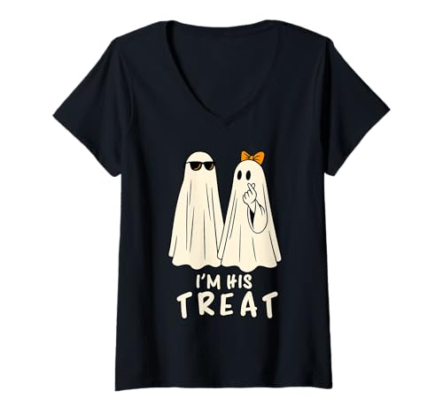 Damen I'm His Treat Ghosts Lustiges Paar, das zu Halloween passt T-Shirt mit V-Ausschnitt Damen I'm His Treat Ghosts Lustiges Paar, das zu Halloween passt T-Shirt mit V-Ausschnitt von Cute Dating Trick or Treat Halloween Matching