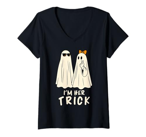 Damen Ich Bin Ihr Trick Ghosts Lustiges Paar, das zu Halloween passt T-Shirt mit V-Ausschnitt Damen Ich Bin Ihr Trick Ghosts Lustiges Paar, das zu Halloween passt T-Shirt mit V-Ausschnitt von Cute Dating Trick or Treat Halloween Matching