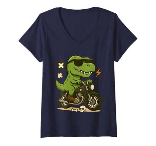 Damen Lustiger Dinosaurier T-Rex Reiten Motorrad Fahrrad Biker Motorrad T-Shirt mit V-Ausschnitt von Cute Dino Family Birthday Party Dinosaur Lover Kid