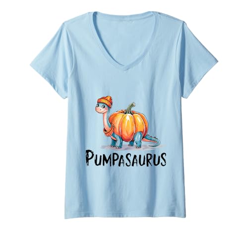 Damen Pumpasaurus Dino Kürbis Halloween T-Shirt mit V-Ausschnitt von Cute Dino Halloween