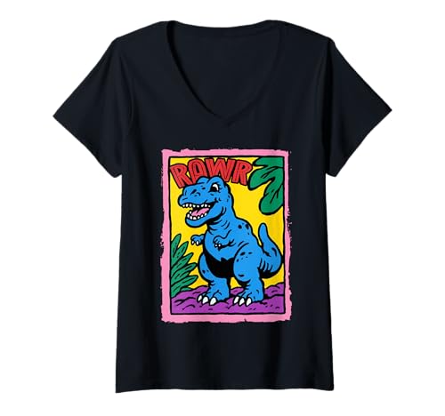 Damen Süßer Dinosaurier T-Rex Rawr lustiges Dino-Geschenk für Kinder Kleinkinder T-Shirt mit V-Ausschnitt von Cute Dino Roar