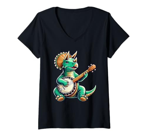 Damen Cute Triceratops Dinosaur Playing Banjo T-Shirt mit V-Ausschnitt Damen Cute Triceratops Dinosaur Playing Banjo T-Shirt mit V-Ausschnitt von Cute Dinosaur Playing Banjo Dinosaurs Lover