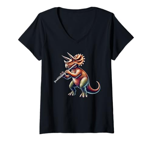 Damen Triceratops Dinosaur Playing Flute Musician Music T-Shirt mit V-Ausschnitt Damen Triceratops Dinosaur Playing Flute Musician Music T-Shirt mit V-Ausschnitt von Cute Dinosaur Playing Flute Dinosaurs Lover