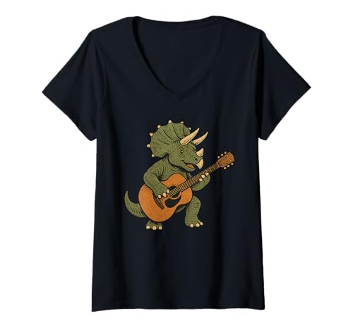 Damen Triceratops Dinosaur Playing Guitar Musician Music T-Shirt mit V-Ausschnitt von Cute Dinosaur Playing Guitar Dinosaurs Lover