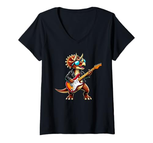 Damen Triceratops Dinosaur Playing Guitar Musician Music T-Shirt mit V-Ausschnitt von Cute Dinosaur Playing Guitar Dinosaurs Lover